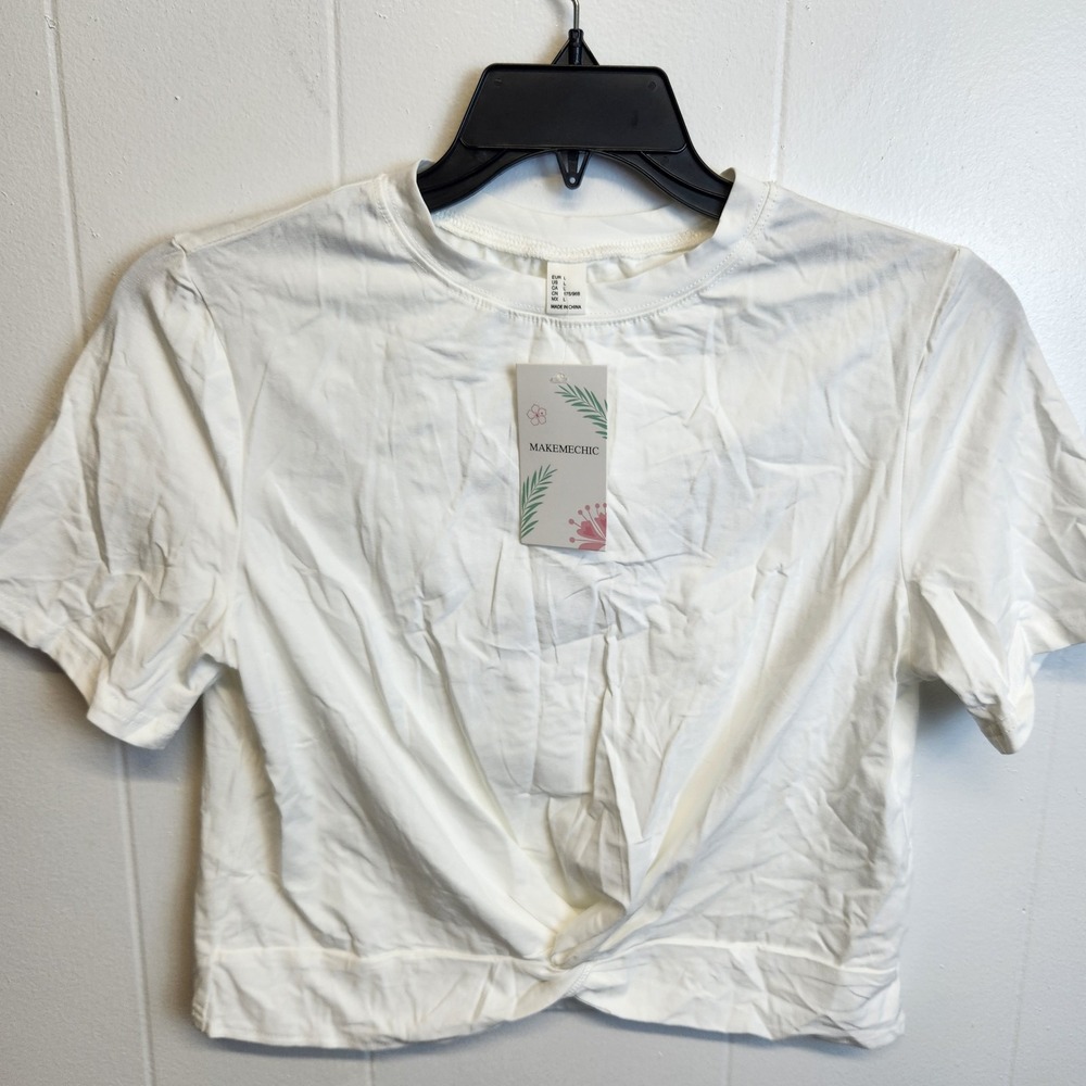 MakeMeChic Shirt‎ Womens Large White Crop Top Short Sleeve Twist Front Tee